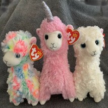 3 TY Beanie Boos 6&quot; Llamas LANA Pink w/ Unicorn LILY White &amp; LOLA Rainbo... - $23.99