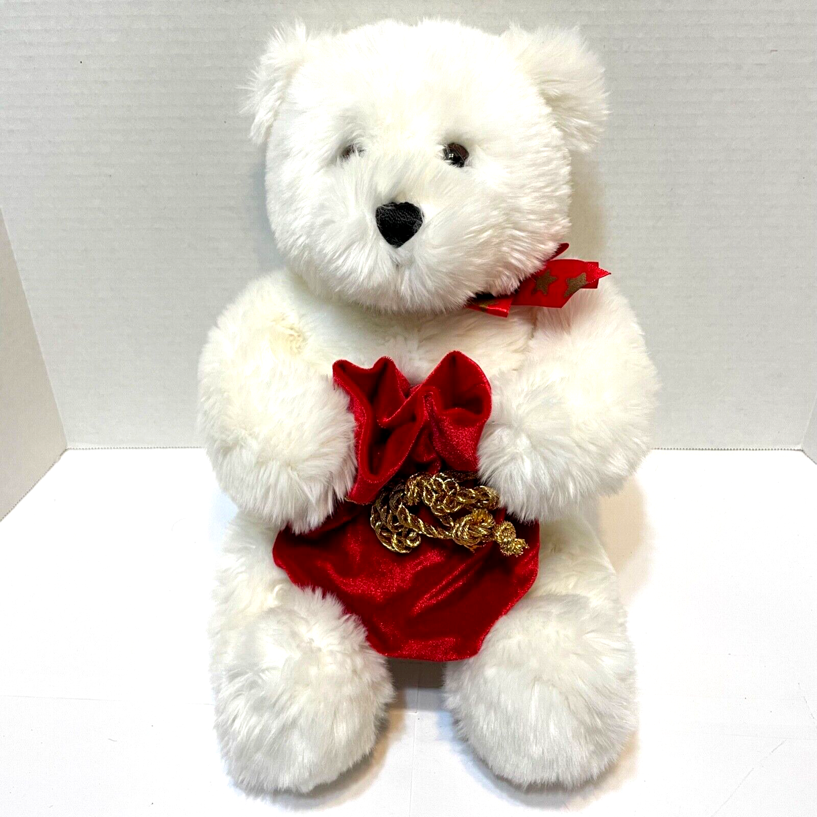 Vintage 1999 Gund Make A Wish White Bear Peoples Diamond Red Velvet Bag Bow 12" - $55.17