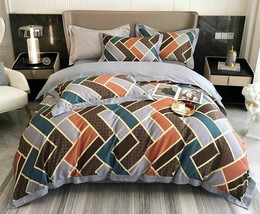 4PC 100% Egyptian Cotton Colorblock Gray Rust Brown Queen King Duvet Cover  - £44.84 GBP+