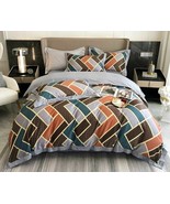 4PC 100% Egyptian Cotton Colorblock Gray Rust Brown Queen King Duvet Cover  - £45.15 GBP+