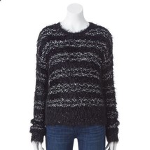 Apt 9 Misses Petite Black Striped Sequin Faux-Fur Mohair Style Sweater - £31.97 GBP