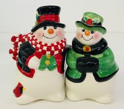 Fitz &amp; Floyd Holly Jolly Snowman Christmas Salt &amp; Pepper Set Snow Holiday - £26.61 GBP