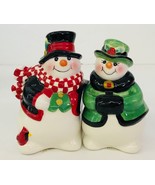 Fitz &amp; Floyd Holly Jolly Snowman Christmas Salt &amp; Pepper Set Snow Holiday - £26.89 GBP