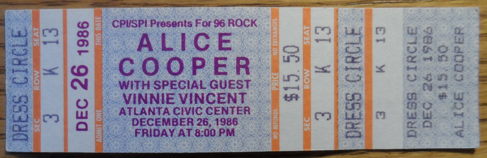 Alice Cooper 1986 Ticket Stub with Vinnie Vincent Atlanta Civic Center x... - $9.50