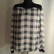 Worthington Large L long sleeve blouse plaid Black White Green 3/4 sleeve - £11.79 GBP