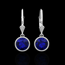 2.00 Ct Blue Sapphire Bezel Lever-back Earrings 14k Solid White Gold Round Cut - £93.95 GBP
