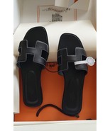 New HERMES Black Leather Oran Flat Slides Free Shipping EU Size 38 US si... - $635.51 CAD