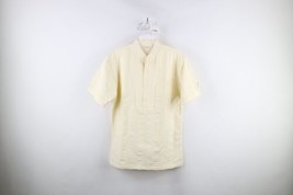 Vtg 60s 70s Streetwear Mens Medium Striped Band Collar Henley Shirt Cream USA - £39.43 GBP