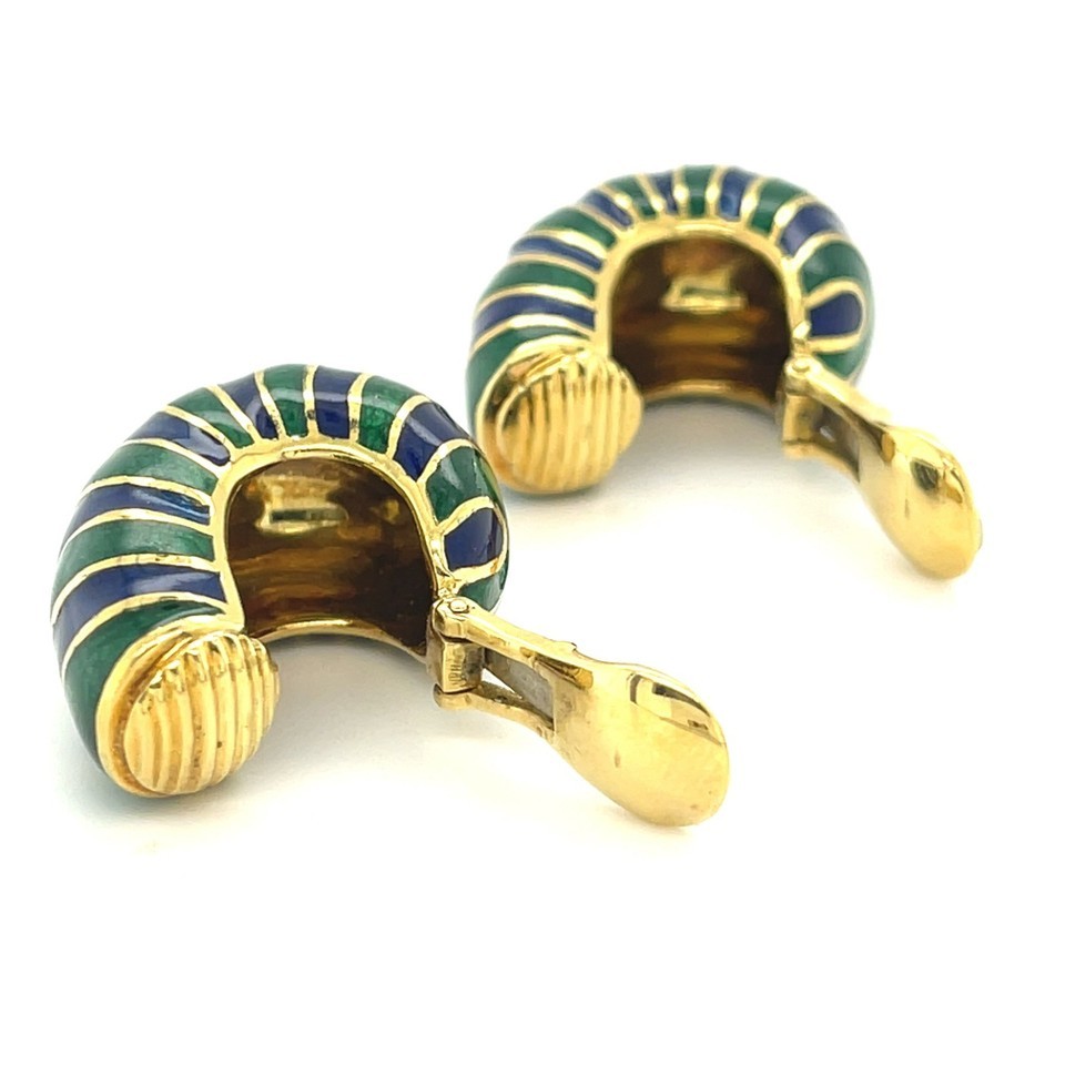David Webb 18k Yellow Gold Blue and Green Enamel Huggie Earrings Gorgeous! Item image 7
