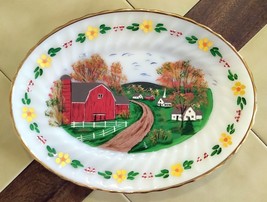 Vintage ANCHOR HOCKING Hand Painted Farm Scene Oval Serving Platter w/ G... - $638.92 MXN