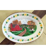 Vintage ANCHOR HOCKING Hand Painted Farm Scene Oval Serving Platter w/ G... - $47.24 CAD