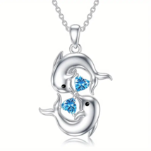 Double Dolphin Blue Rhinestone Pendant Necklace - New - $16.99