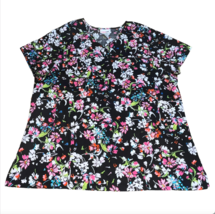 Scrubstar Scrub Sz XL Black Pink Blue Cotton Floral Flower Shirt Top New... - £13.61 GBP
