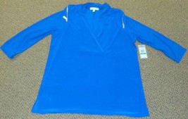 Womens Blouse Chaus NY Blue 3/4 Sleeve Collared V-Neck Zippered Top-size L - £22.48 GBP