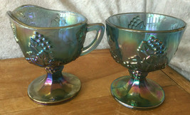 Vtg Indiana Carnival Glass Iridescent Blue &amp; Green Creamer and Sugar Bow... - $21.09