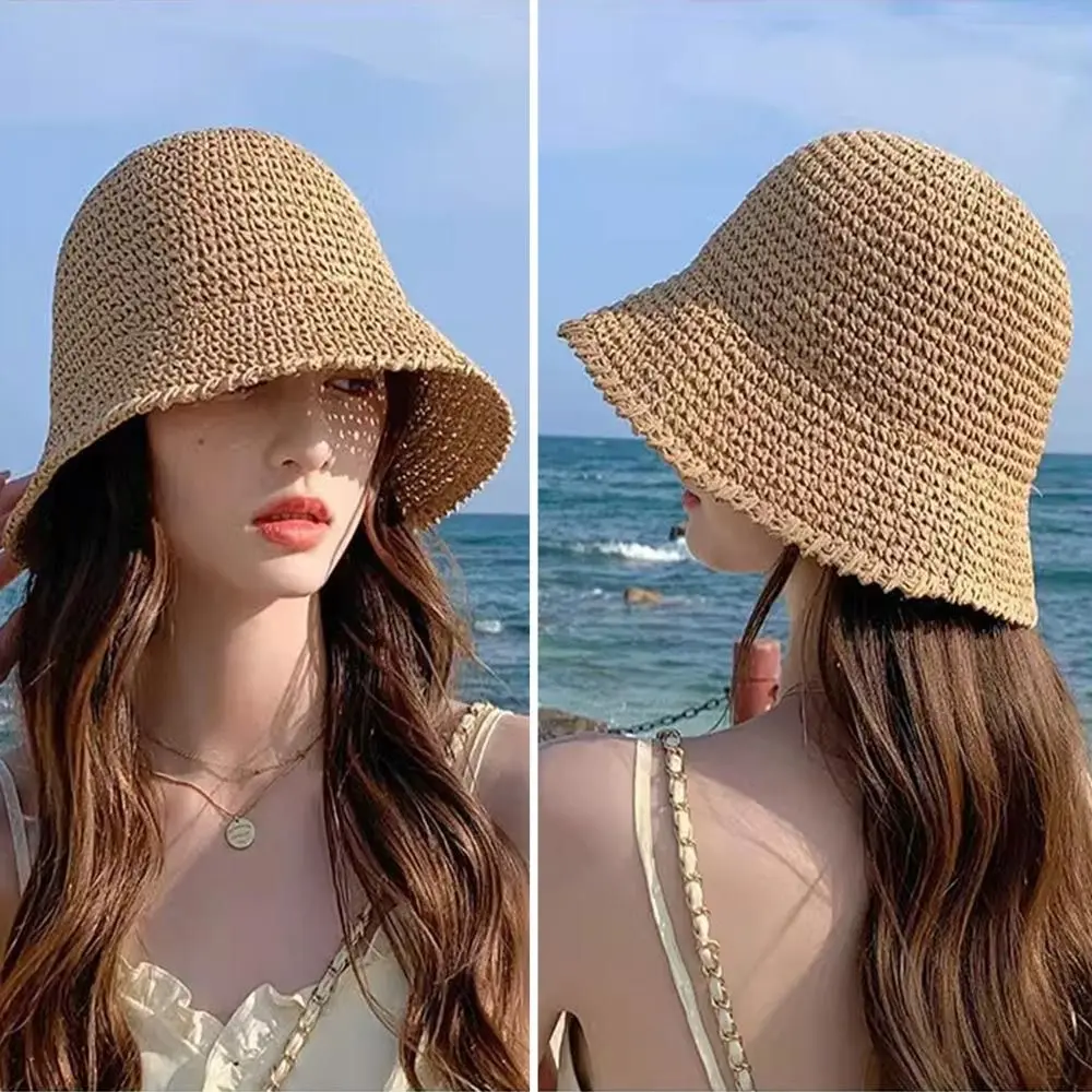 Breathable Straw Bucket Hat Women Wide Brim UV Protection Panama Cap Floppy - £11.76 GBP