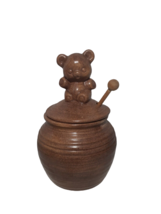 Vintage Pottery  Brown Stoneware Honeypot with Lid &amp; Honey Dipper Wand Bear 8&quot; - £15.25 GBP