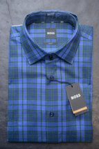 HUGO BOSS Uomo Hank Kent Slim Fit Blu Scuro Quadri Cotone Camicia 37 14.5 - £50.44 GBP