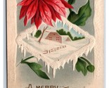 Poinsettiea Icicles Cabin Scene Merry Christmas Embossed DB Postcard S4 - $4.90