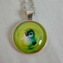 Baby Penguin Green Background Silver Tone Cabochon Pendant Chain Necklace Round - £2.39 GBP