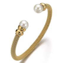 Ladies Stainless Steel Gold Color Twisted Cable Bangle Bracelet Synthetic Pearl - £39.95 GBP