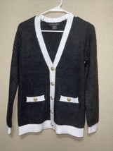 TAHARI black/white Long Sleeve Cardigan With gold Button and Pockets sz ... - $48.11
