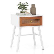 Rattan Nightstand Mid Century Modern Accent Table with Drawer-White - Co... - $125.99