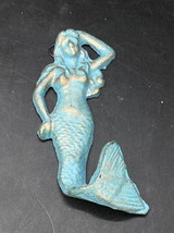 Grotto Beach Decor Coat Hat Wall Hook Cast Iron Mermaid Blue Patina 6” - $24.74