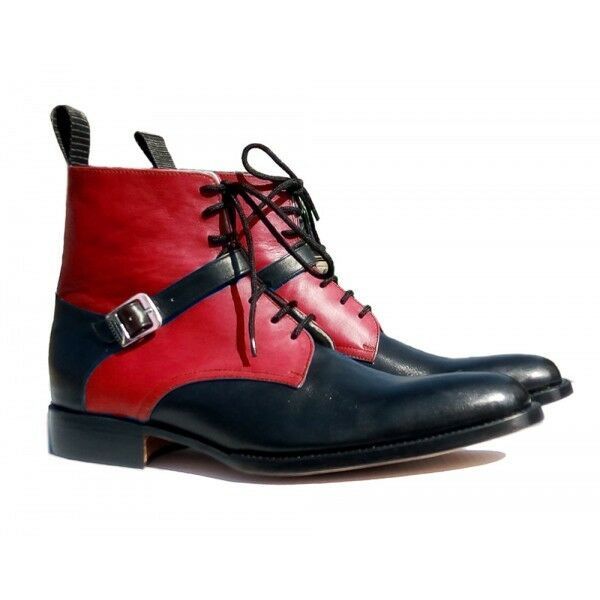 Men's Red Black Plain Toe Rounded Buckle Strap High Ankle Leather Boots US 7-16