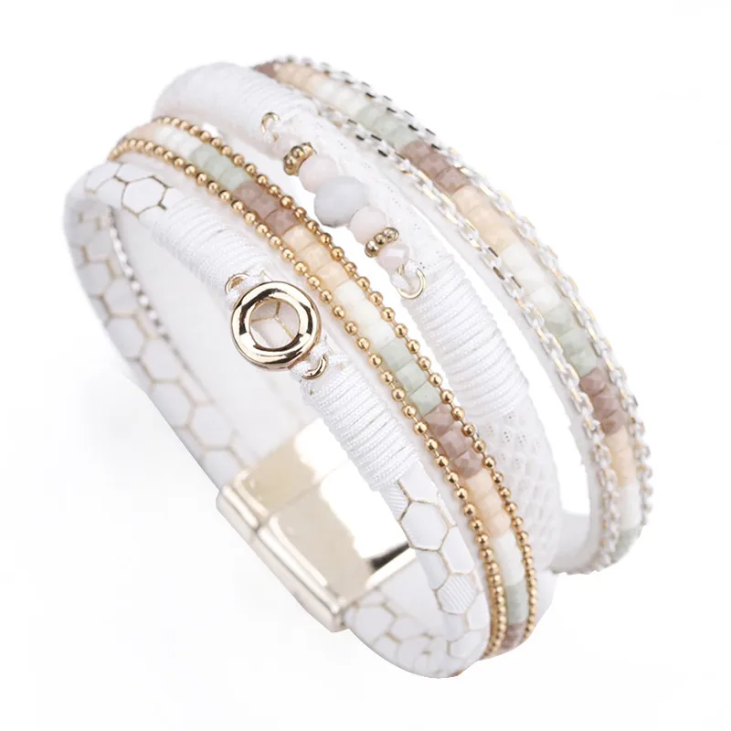 White Leather Bracelets for Women Rhinestone Crystal Metal Charm Wide Multilayer - £15.74 GBP