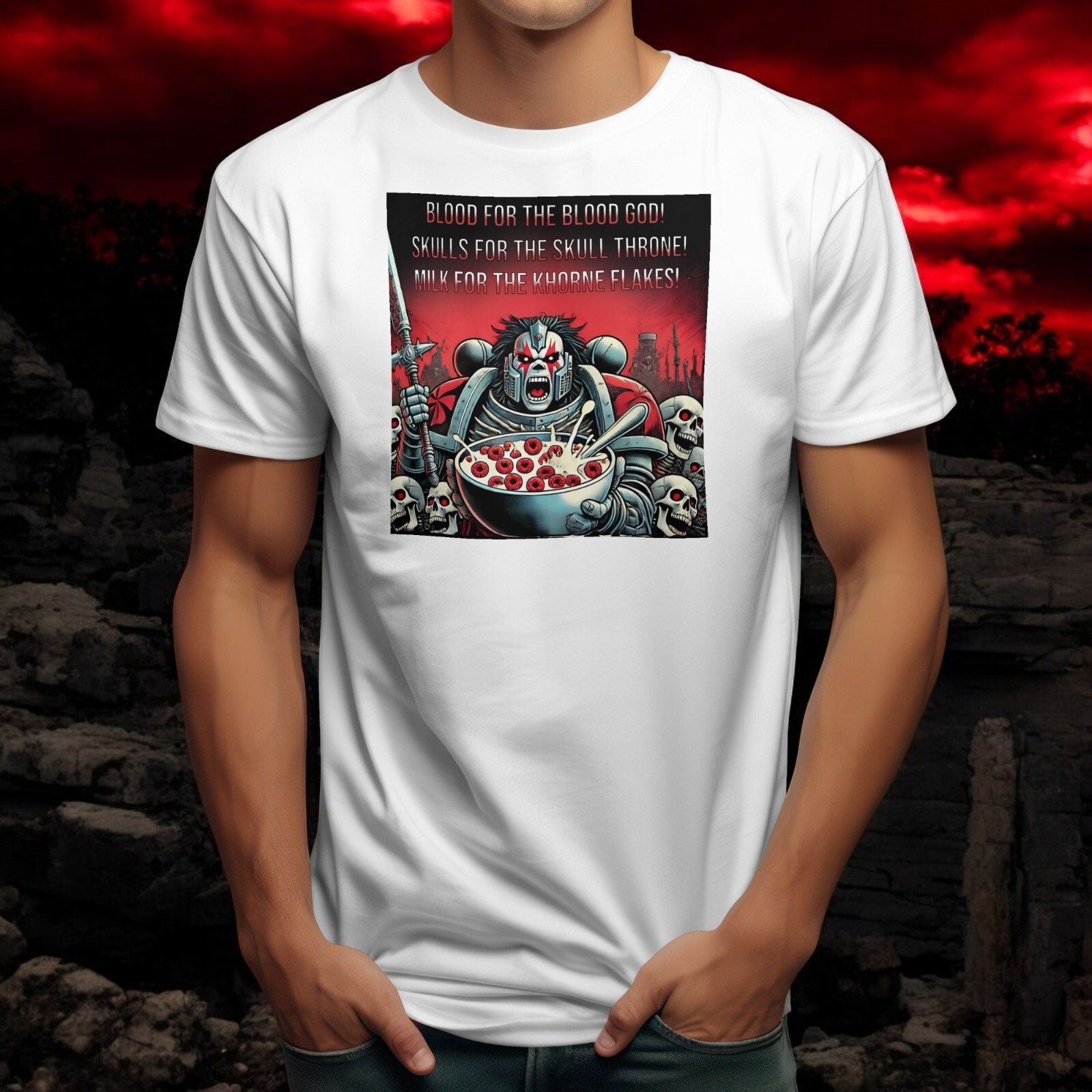 Funny Warhammer Gaming T-Shirt | Blood for the Blood God Cereal Parody Tee Item image 3