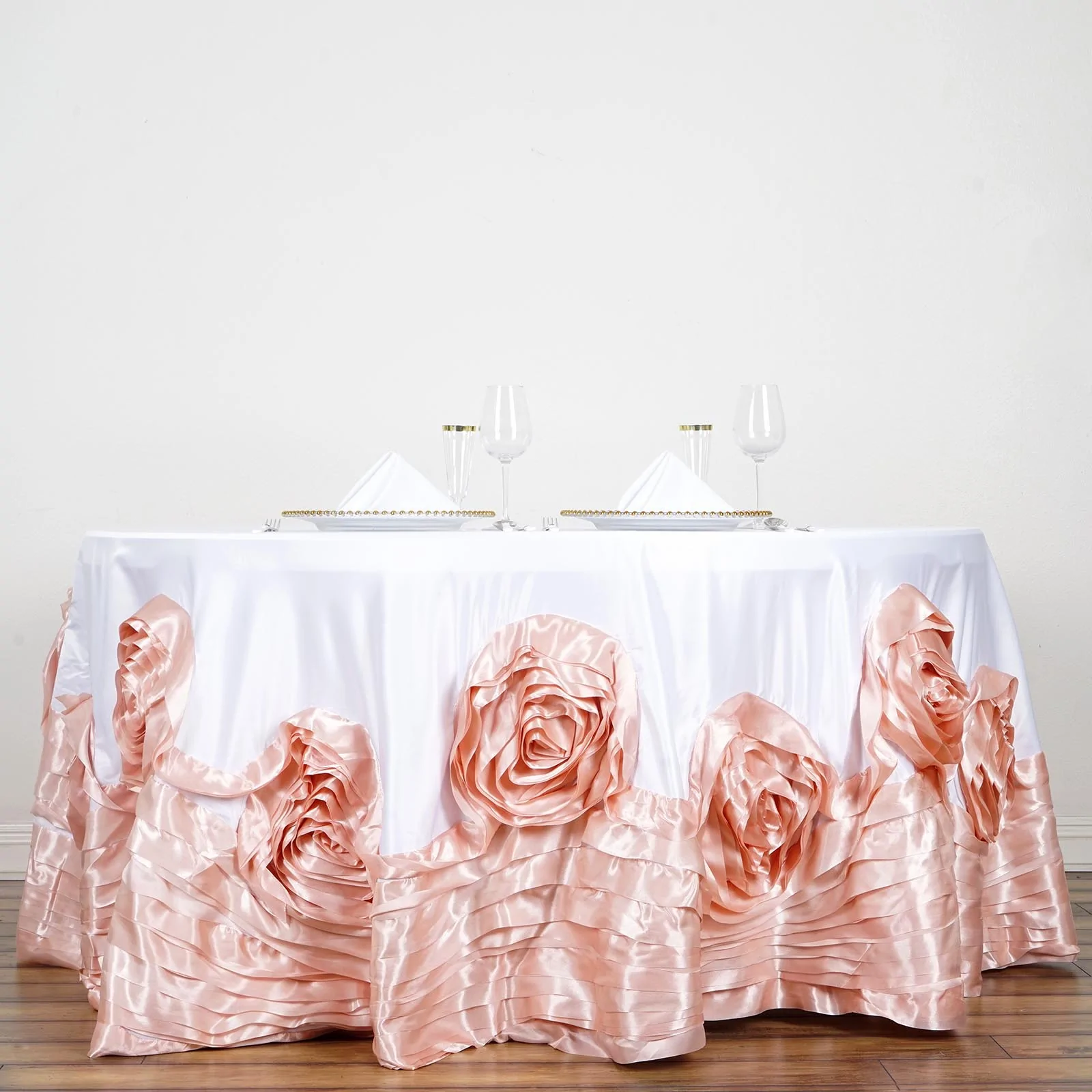 White Blush - 132&quot; Tablecloth Large Rosette Round Lamour Satin Wedding Party - £95.36 GBP