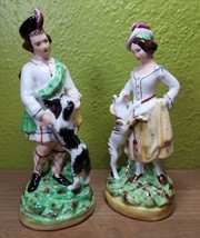 English Staffordshire Noble Couple Dog Goat Lamb Mantle Pair 7.5&quot; Country Life - £340.27 GBP
