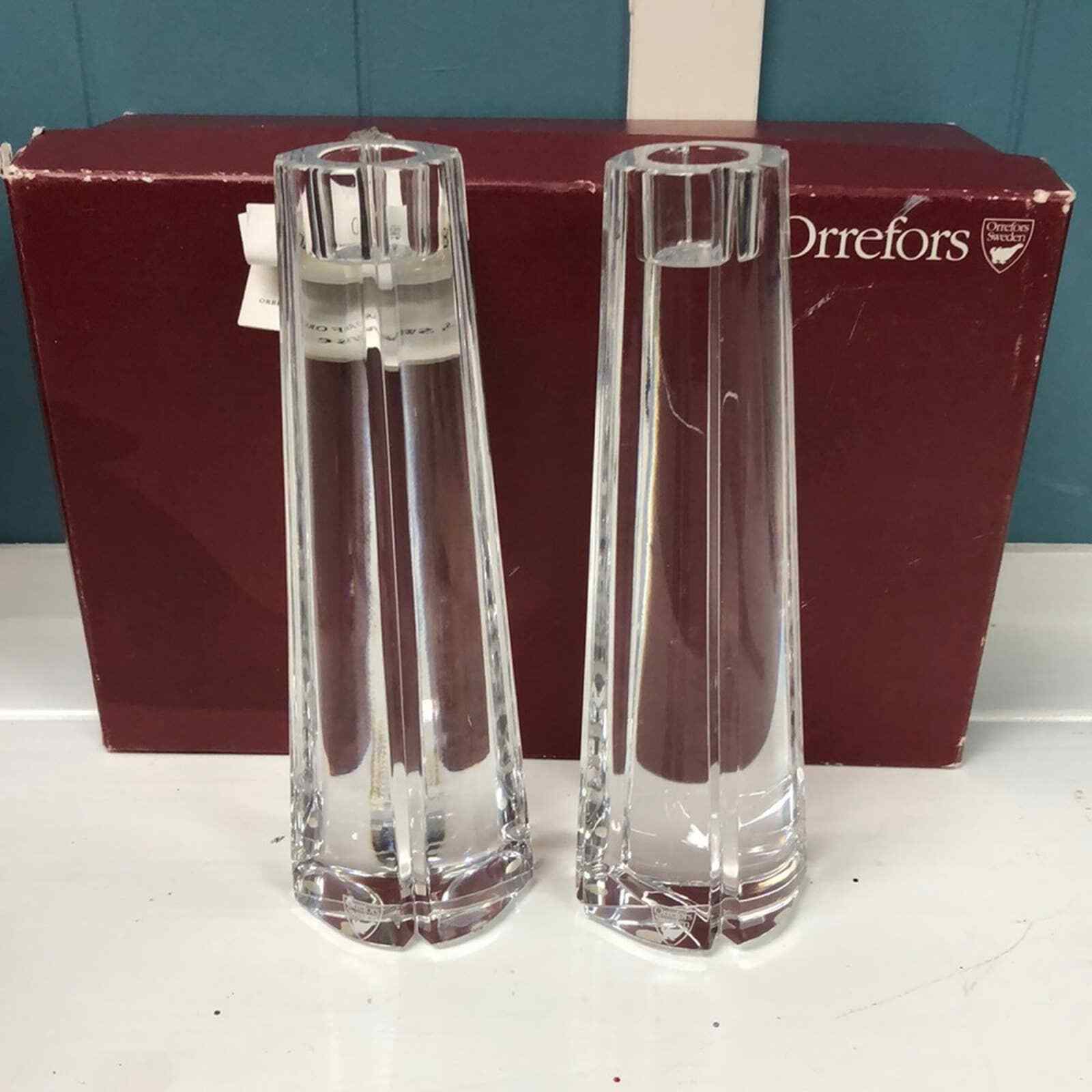 PAIR OF ORREFORS Marin Skar Cut lead CRYSTAL 8” CANDLESTICK HOLDERS Germany - $93.41