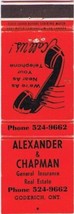 Matchbook Cover Alexander &amp; Chapman Insurance Goderich Ontario - $2.96