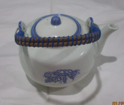 Vintage Blue and White Footed Teapot W/Wood &amp; Plastic Wire Handle Made Japan - £15.40 GBP