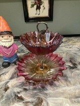 VINTAGE RUBY RED GLASS 2 TIER UPCYCLED  DISPLAY PARTY PLATE CANDY DISH S... - £27.37 GBP