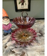 VINTAGE RUBY RED GLASS 2 TIER UPCYCLED  DISPLAY PARTY PLATE CANDY DISH S... - $35.00