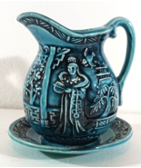 Vintage MINI WATER PITCHER WASH BASIN Bowl Set TEAL TILSO Japan 6.5&quot; - $33.24