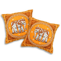 Elegant Thai Elephant Velvet and Pearls Set of 2 Square Pillow Covers - Yellow - £35.08 GBP