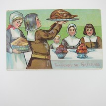 Thanksgiving Postcard Pilgrim Men Women Children Turkey Meal Embossed Antique - £7.85 GBP
