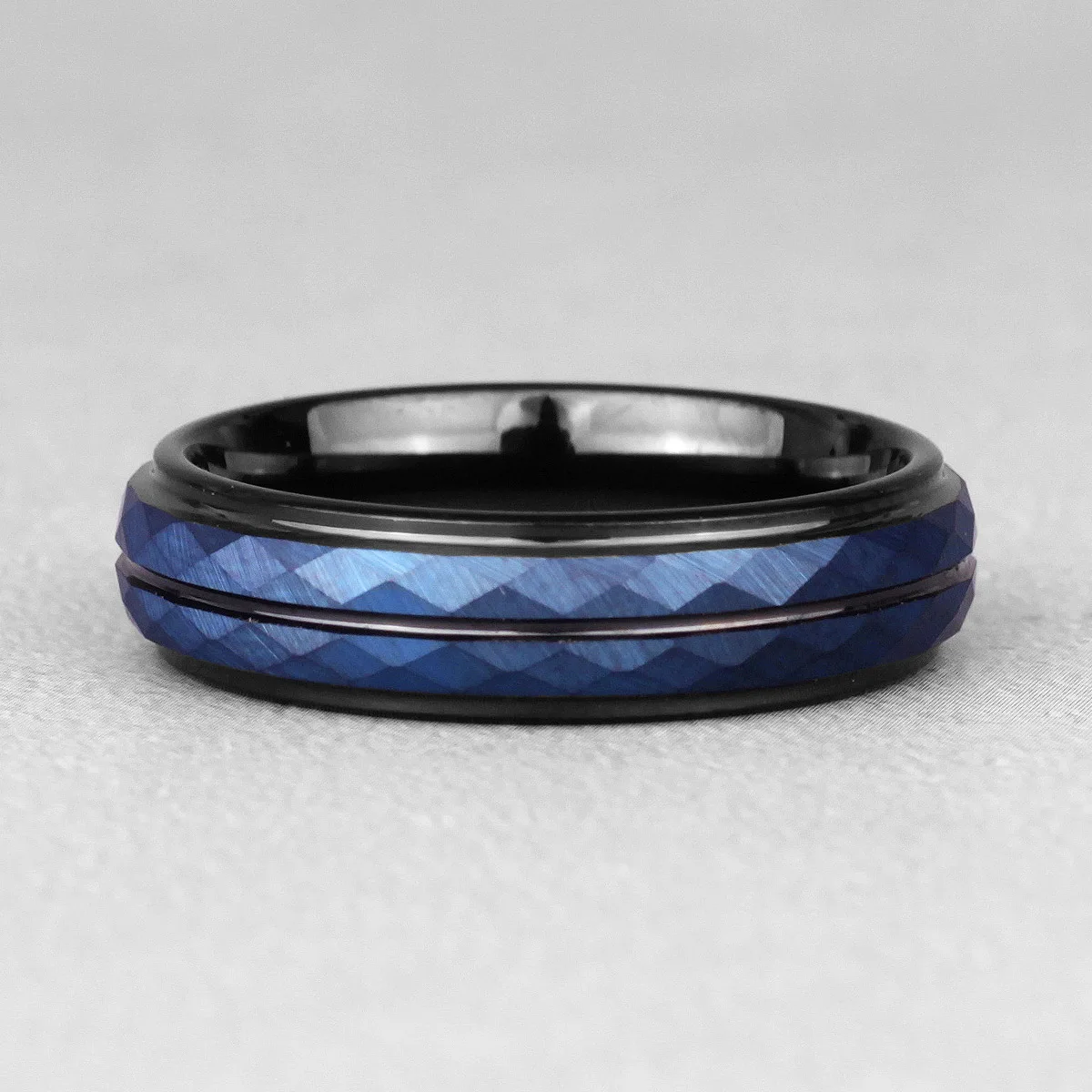 Tungsten Black Blue Rhombus Cut Mens Rings Simple Charm Luxury for Gentleman Mal - £20.09 GBP