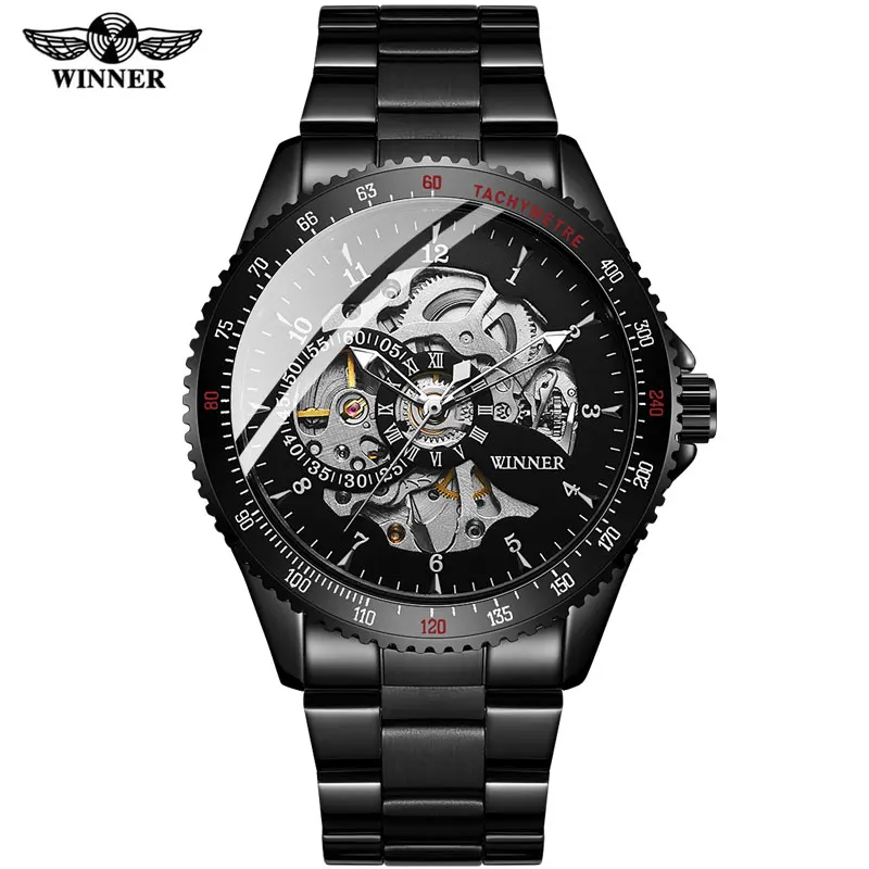  Men Automatic Mechanical Watch Winner Men Black Stainless Steel  Fashion Skelet - £104.01 GBP