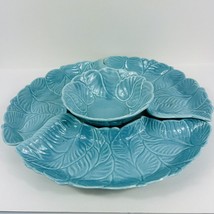 VTG Made in USA Art Pottery No. 90 4-Piece Chip &amp; Dip Set Aqua Blue Leaf Pattern - $49.49