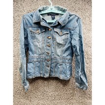 Women&#39;s QPD Denim Pocket Collar Cotton Button Up Jacket Blue Size M Long Sleeve - £19.82 GBP