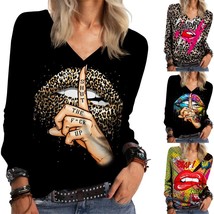 Fashion  Lips Print Women T-Shirt Hip Hop Casual Long Sleeve V-Neck/O-Neck Tops  - £56.82 GBP