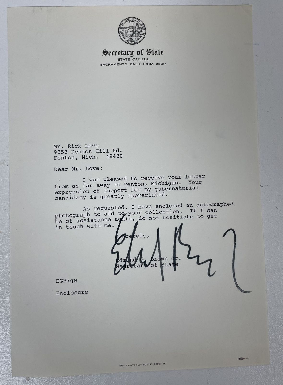 Primary image for Jerry Brown Signed Autographed Letter on State of California Letterhead