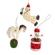 Retro Wood Christmas Ornaments Hand Painted Clown Horse Drummer Circus Set of 3 - £12.02 GBP