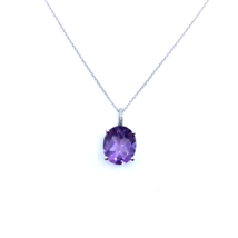 Women&#39;s Cable Chain Necklace 18k White Gold Natural Oval Amethyst Round Diamonds - £1,064.54 GBP