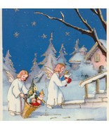 Two Angels Carrying Toys to a House Vintage Christmas Postcard from Italy - $12.00